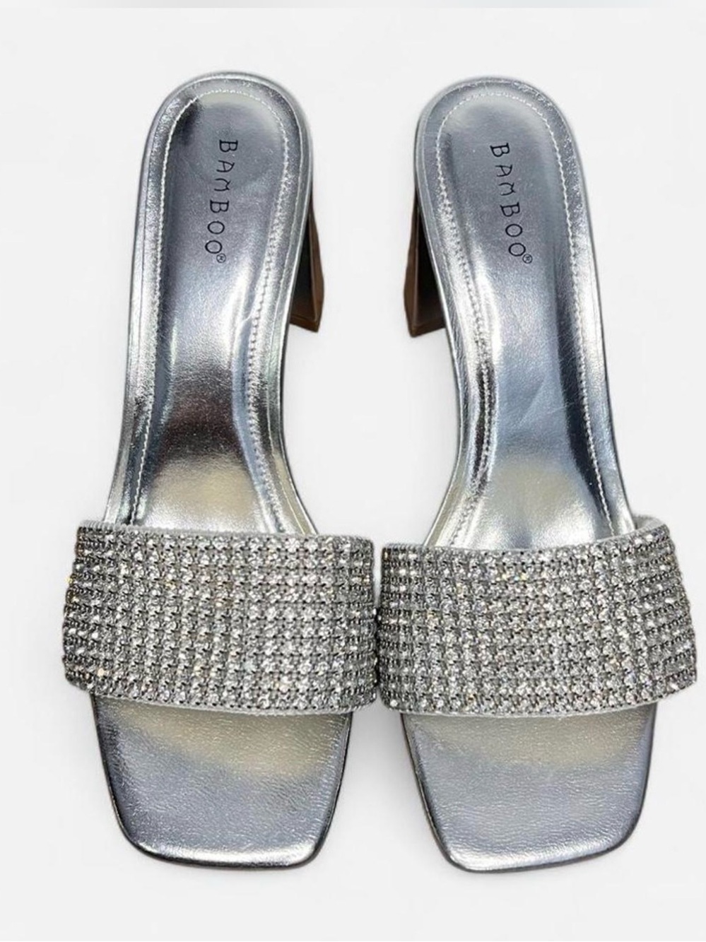 Women's Bamboo Silver Rhinestone Slip On Block Heel Sandals Size 10